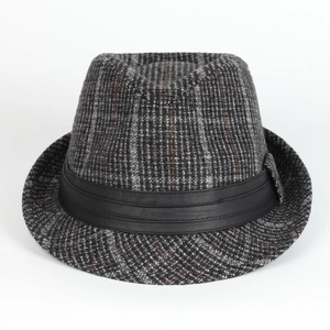 Classic British style grey plaid fedora hat with black leather band for men and women