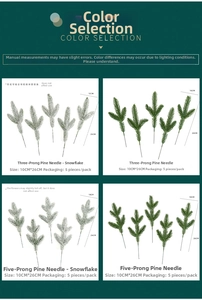 Detail of artificial pine needles in 3 and 5-fork styles with snow-flocked finish