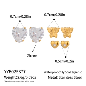 Detail showing dimensions and material of zircon heart and flower earring set