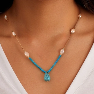 Bohemian 925 silver necklace with freshwater pearls and turquoise stone pendant