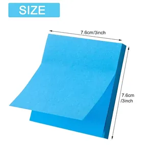 Detailed size view showing blue sticky note block measuring 3x3 inches on white background
