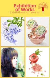 Artistic sketches of flowers, portraits and fruit made with erasable colored pencils