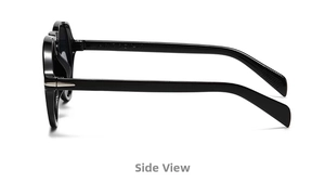 Side view of black oversized sunglasses featuring wide temples and silver metal arrow decor