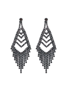 Detail of black metal earrings with rhinestone long tassels and geometric hollow design