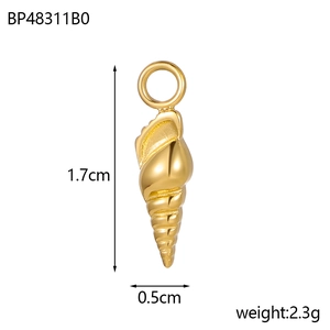 Detailed view of a gold conch pendant showing 1.7cm height and 0.5cm width dimensions
