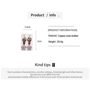 Product specifications for resin leopard print earrings with size and material details