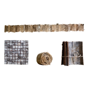 Natural birch bark collection with strips, square panels, and rolls for DIY craft decor