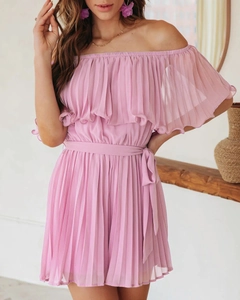 Detailed view of pink off-shoulder pleated jumpsuit with matching waist tie belt