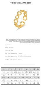 Detailed size chart for the 18k gold plated 925 sterling silver twisted open ring
