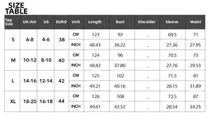 Detailed size guide table for women's elegant evening party dress with US and EU measurements