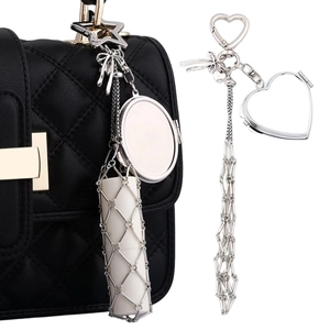 Silver Metal Keychain Bag Pendant With Lipstick Holder Mesh Bag And Flip Makeup Mirror Y2K Trendy Heart Star Accessory