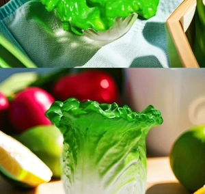 Detail showing creative lettuce-shaped glass decorative vase with vibrant green texture