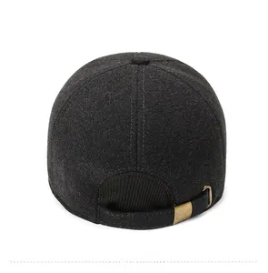 Rear view of winter wool blend baseball cap showing adjustable gold metal buckle