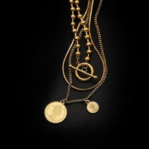 Triple layer gold coin necklace with Elizabeth II portrait and vintage OT clasp toggle