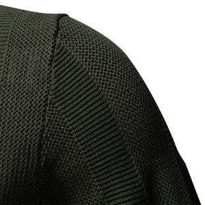 Men's dark army green knitted polo shirt featuring waffle texture and shoulder stitching