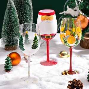Hand Painted Christmas Glass Wine Goblet Holiday Party Drinkware Santa Claus Christmas Tree Snowman Pattern