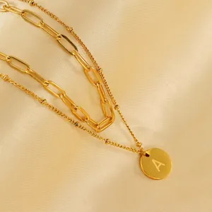 Double Layer Necklace For Women 18K Gold Plated Stainless Steel Paperclip And Bead Chain Round Initial Letter Pendant