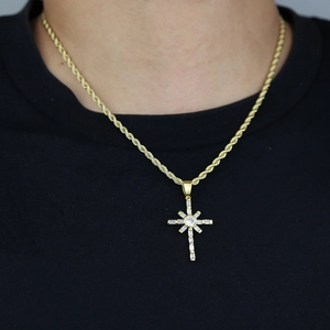 Hip hop cross pendant necklace in gold finish with sparkling white zircon stones