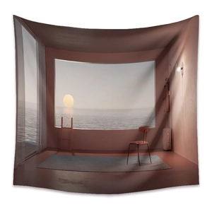 Detailed close-up of bohemian wall tapestry showing soft fabric texture and seaside art print
