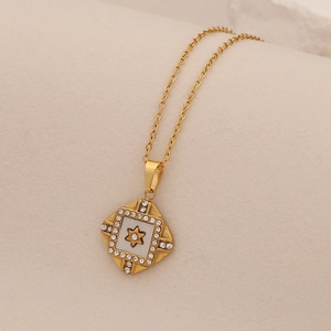 Gold stainless steel square heart pendant necklace with star detail and crystal accents