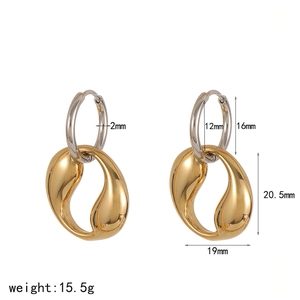 Two-tone stainless steel hoop earrings with gold teardrop pendant and size specs