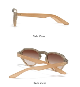 Detail view showing the side and back of retro round sunglasses with gray frames