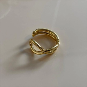 Close-up of triple-layered crisscross 925 sterling silver ring with 18K gold plating