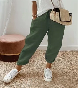 Damen Freizeithose aus Baumwolle und Leinen in Dunkelgrün mit Kordelzug und Taschen