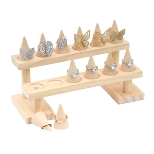 Solid wood cone ring display stand with two-tier base for jewelry collection