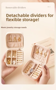 Mini PU leather jewelry box showing removable dividers for rings and necklaces