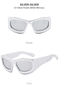 Detail of silver futuristic bubble frame sunglasses with mercury mirror lenses