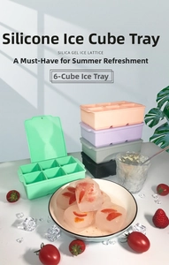 Macro view of food-grade silicone ice cube tray with 6 compartments and secure lid