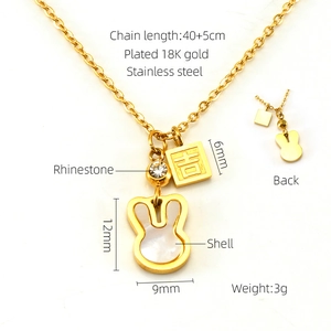 Detail specifications of 18K gold plated stainless steel necklace with rabbit and shell pendant