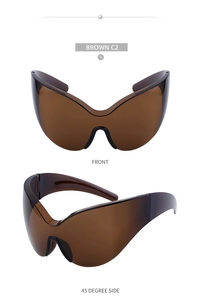 Front and 45-degree side views of brown oversized wrap-around sports sunglasses