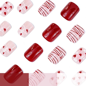 Short square glossy artificial nails with Valentine's Day red heart and stripe designs