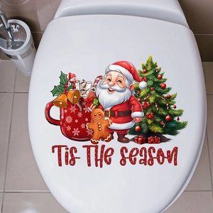 Festive Christmas toilet lid sticker featuring Santa Claus, reindeer, and gingerbread man