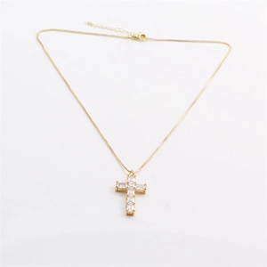 18K gold plated cross pendant necklace with cubic zirconia stones on thin box chain