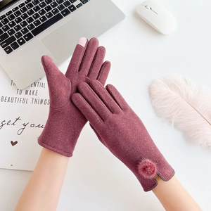 Fuchsia knitted touch screen gloves with plush pompom detail for women winter outdoor