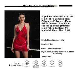 Detail of red halter mini dress with shimmer print and 95% polyester mesh fabric