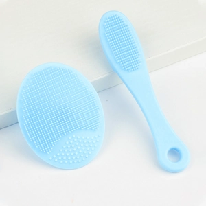 Detail of light blue silicone facial and nose cleansing brushes for pore exfoliating