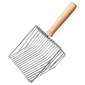 Durable metal wire mesh cat litter scooper with ergonomic solid wooden handle on white background