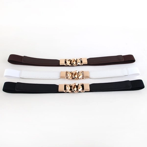 Elastic chain buckle skinny belts for women in black white and brown colors