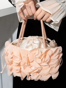 Elegant round pink floral evening bag with delicate handmade 3D chiffon petals