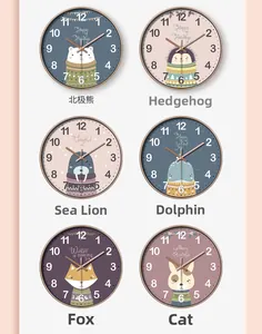 Detail view showing six cartoon animal wall clocks with polar bear and fox motifs