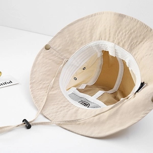 Kids quick-dry sun hat with wide brim, adjustable chin strap in beige and khaki colors