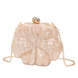 Floral acrylic evening clutch bag with champagne marble texture and gold chain strap