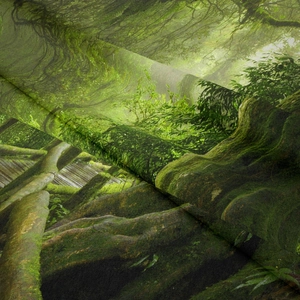 Close-up of realistic forest tapestry with high-quality fabric texture and sunlight patterns