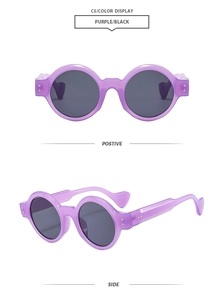 Front and side view of retro purple round frame sunglasses with wavy temples