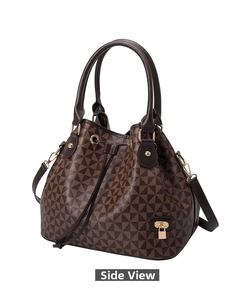 Side view of retro brown geometric print bucket bag with gold hardware and drawstring
