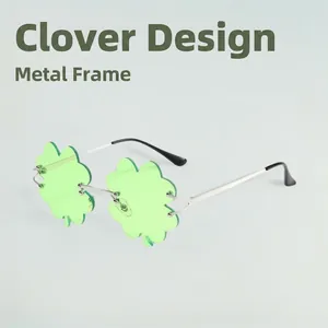 Novelty Shamrock Clover Shaped Rimless Sunglasses With Metal Frame For St Patrick Day Festival Party Fashion Eyewear